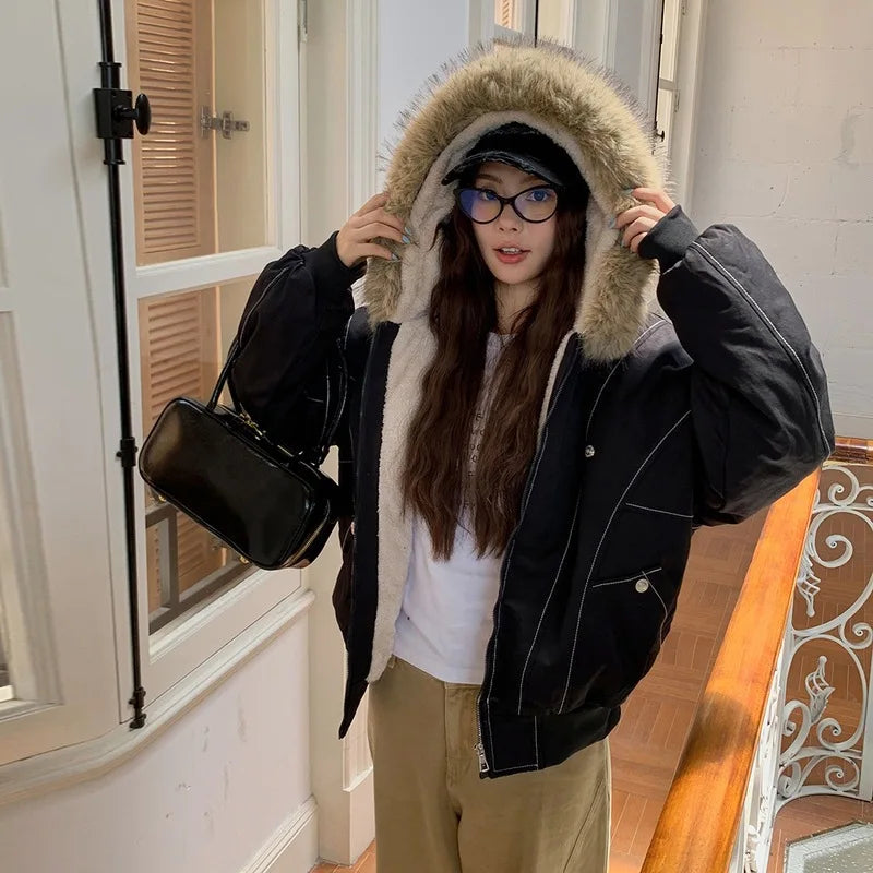 STORESDE Autumn Winter Cotton Padded Jacket Women Outerwear Thick Warm Oversize Short Coat Female Hooded Long Sleeve Fur Collar Parkas