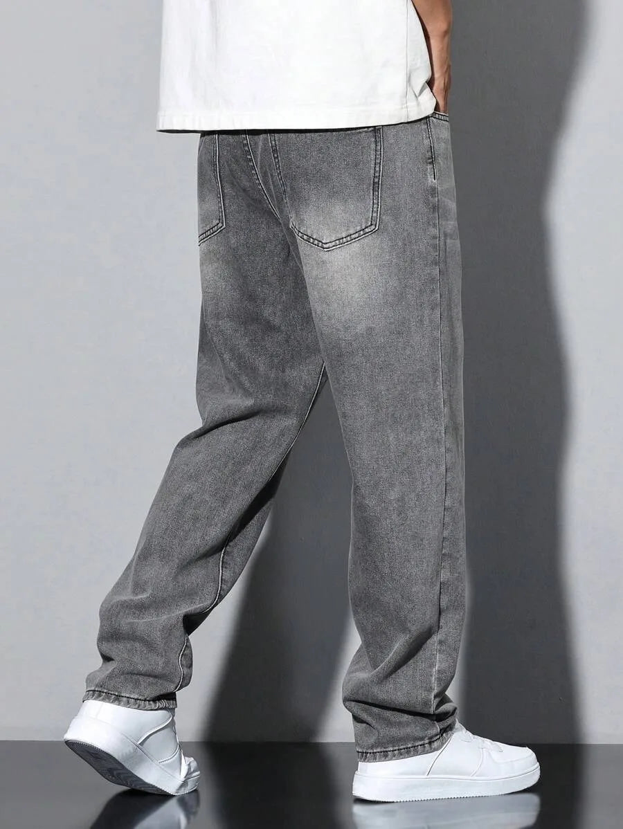 STORESDE Men's straight skinny grey jeans, straight and simple design, suitable for daily wear in all seasons
