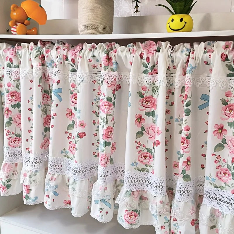 STORESDE Korean Sweet Flowers Short Curtains for Living Room Japanese Elegant Lace Floral Half Curtains for Kitchen #A510