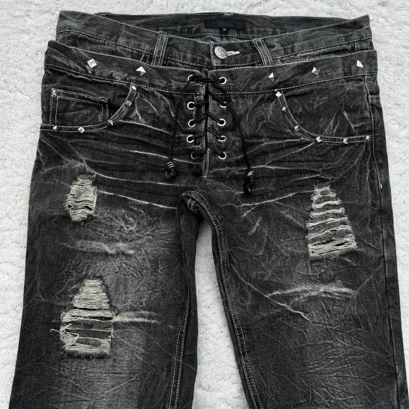 STORESDE Y2K Washed Jeans Gothic Retro Micro Flared Double Waisted Lace Up Pants Men Women Streetwear High Quality Design Sense Trousers
