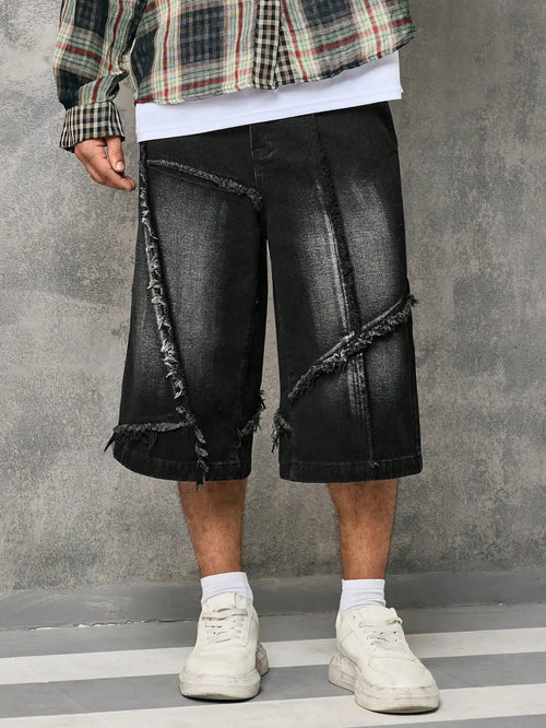 STORESDE Men's Vintage Distressed Denim Three-Quarter Capri Shorts Baggy Fit Frayed Edge Patchwork High Street Summer Streetwear