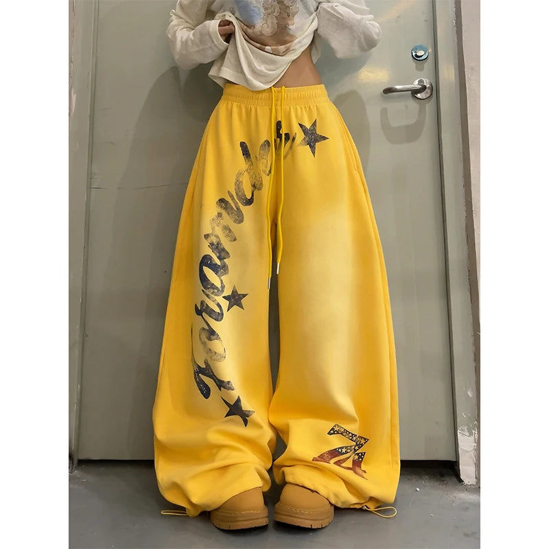 STORESDE 2026 American Style Vintage Gradient Letter Print Casual Wide Leg Pants Loose Fit Hip Hop Jazz Dance Women Fashionable Trousers