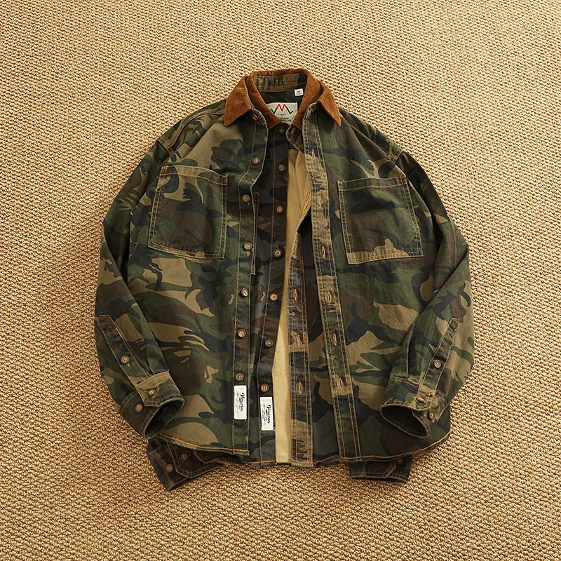 STORESDE 2025 Spring New American Retro Woven Twill Camouflage Cargo Shirt Men's 100% Cotton Washed Old Double Pocket Blouser Thin Jacket