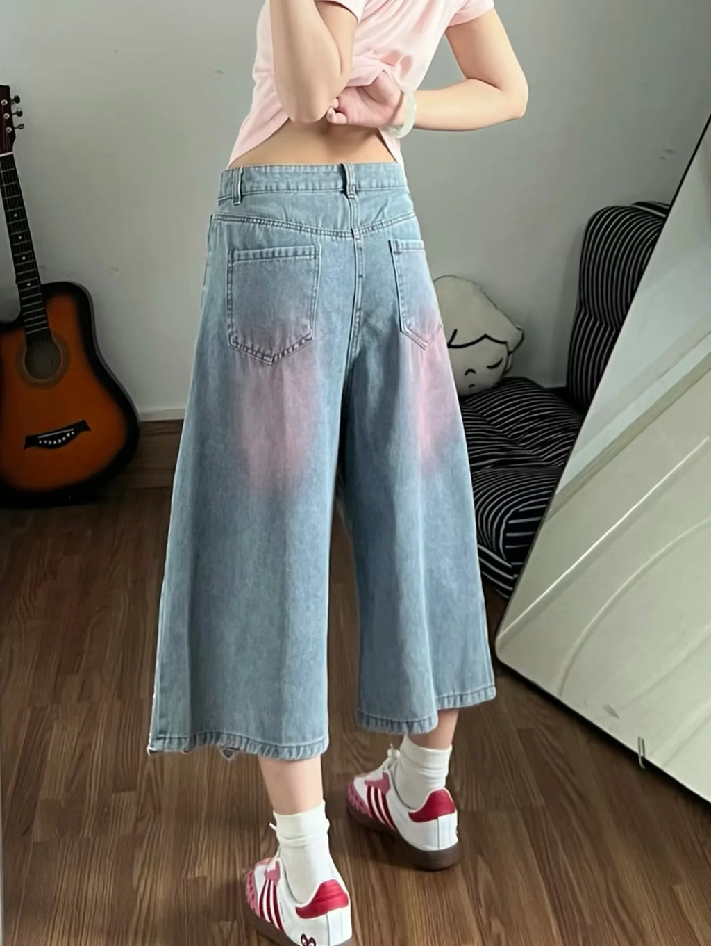STORESDE Women High Waist Cute Cartoon Cat Embroidery Jeans Girls Vintage Y2k Clothes Calf Length Denim Pants Harajuku Blue Streetwear