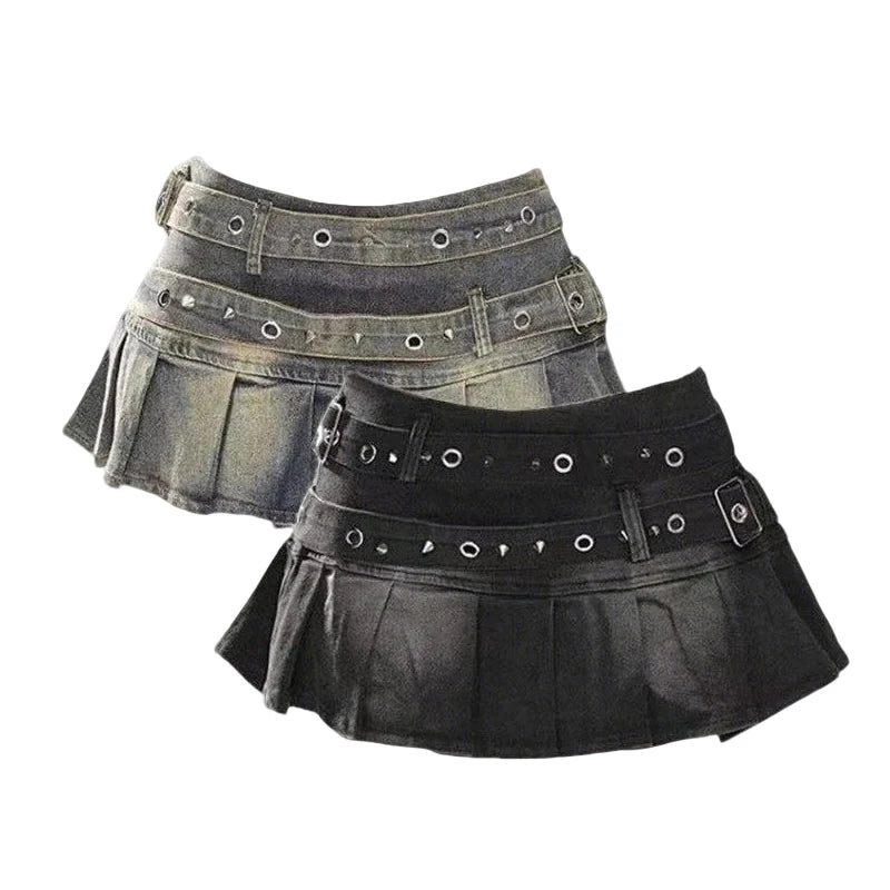 STORESDE Women's Denim Skirt with Studded Belt Low Rise Pleated Mini Skirt Blue Black Jean Skirts Alt Girls Y2K Punk 90s