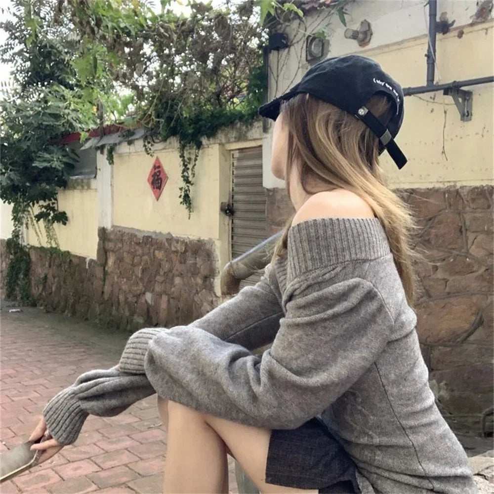 STORESDE Fashion Vintage V-neck Knitted Tops Women 2025 Early Autumn New Sweaters Pullover Slim Long Sleeve Pullovers Sexy Gray Jumpers
