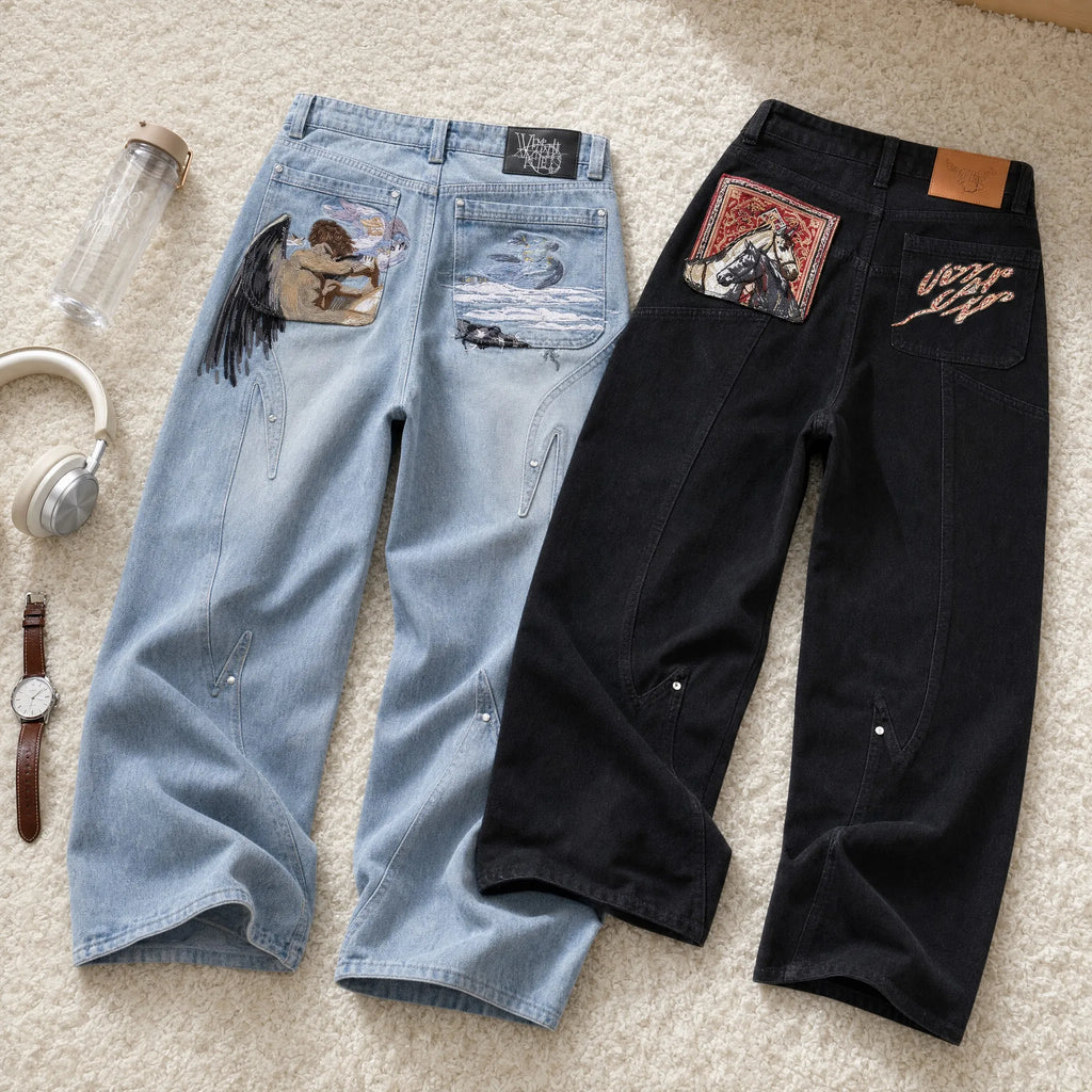 STORESDE Y2K Black Baggy Cargo Jeans Men Horse Back Pocket Embroidery Cursive Wild Ride Distressed Cut Out Wide Leg Casual Denim Trouser