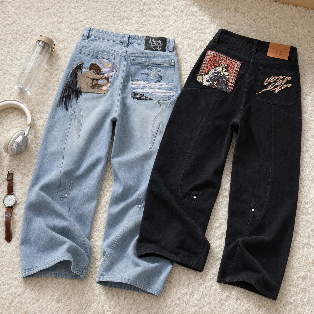STORESDE Y2K Black Baggy Cargo Jeans Men Horse Back Pocket Embroidery Cursive Wild Ride Distressed Cut Out Wide Leg Casual Denim Trouser