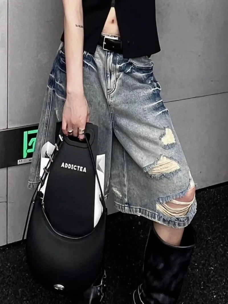 STORESDE American Street Washed Blue Denim Shorts Y2k E-Girl High Waist Loose Wide Leg Jeans 2026 New Hole Straight Knee-Length Pants