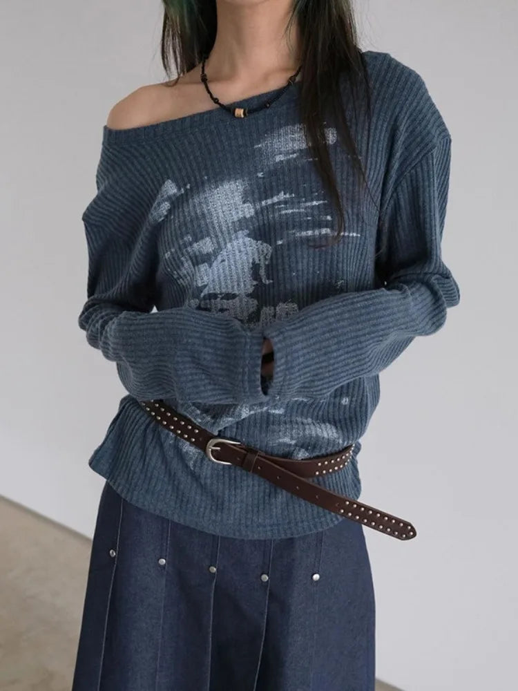 STORESDE Autumn Harajuku Women Vintage Print Tees Streetwear Grunge Skew Collar Graphic Tshirt Y2k Aesthetic Casual Hiphop Grunge Top