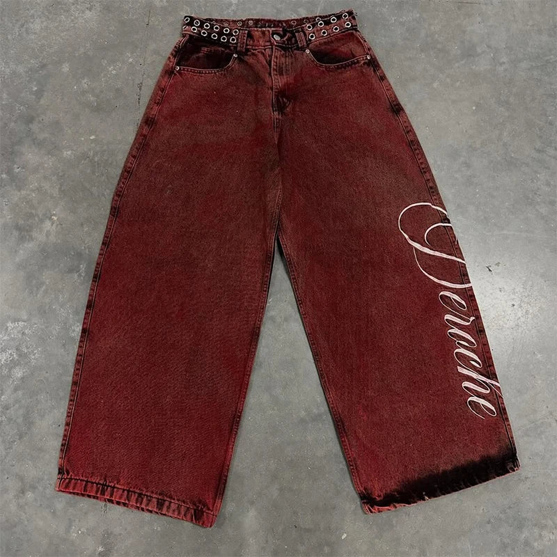 STORESDE Y2K Casual Loose Jeans Vintage Letter Print Rivet Waist Belt Design Red High Waist Wide Leg Jeans Men Women Hip Hop Streetwear
