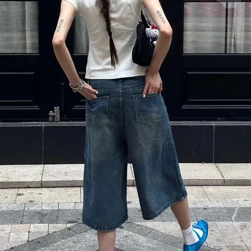 STORESDE 2026 Summer High Street Women Baggy Thin Jeans Female High Waist Capri Pants Girls Solid Color Leisure Denim Shorts