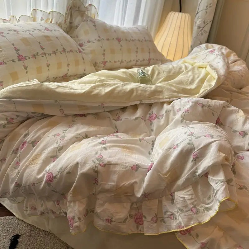 STORESDE Korean Princess Duvet Cover Set Skin Friendly Wash Cotton Bedding Set Of Four Pieces Lace Bedin Set Bed Sheets Comforter Cover