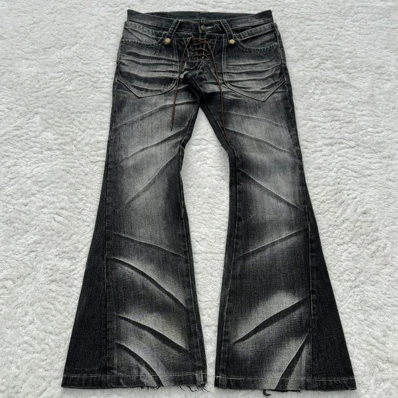 STORESDE Y2k Flared Lace Up Jeans Retro Washed Paw Prints Double Waist Men's Slim Fit Jeans Gothic High Street Wear Unisex Bootcut Jeans