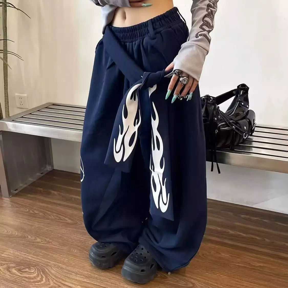 STORESDE American Retro Flame Letter Print Detachable Strap Scimitar Pants Jazz Casual Hip-Hop Loose Wide-Leg Fashion Jogging Sweatpants
