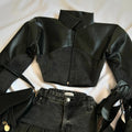 STORESDE Y2K Leather Spliced Denim Black Two Piece Set Women Harajuku Gothic Long Sleeve Zipper Jacket Mini Pleated Skirt Autumn Jacket
