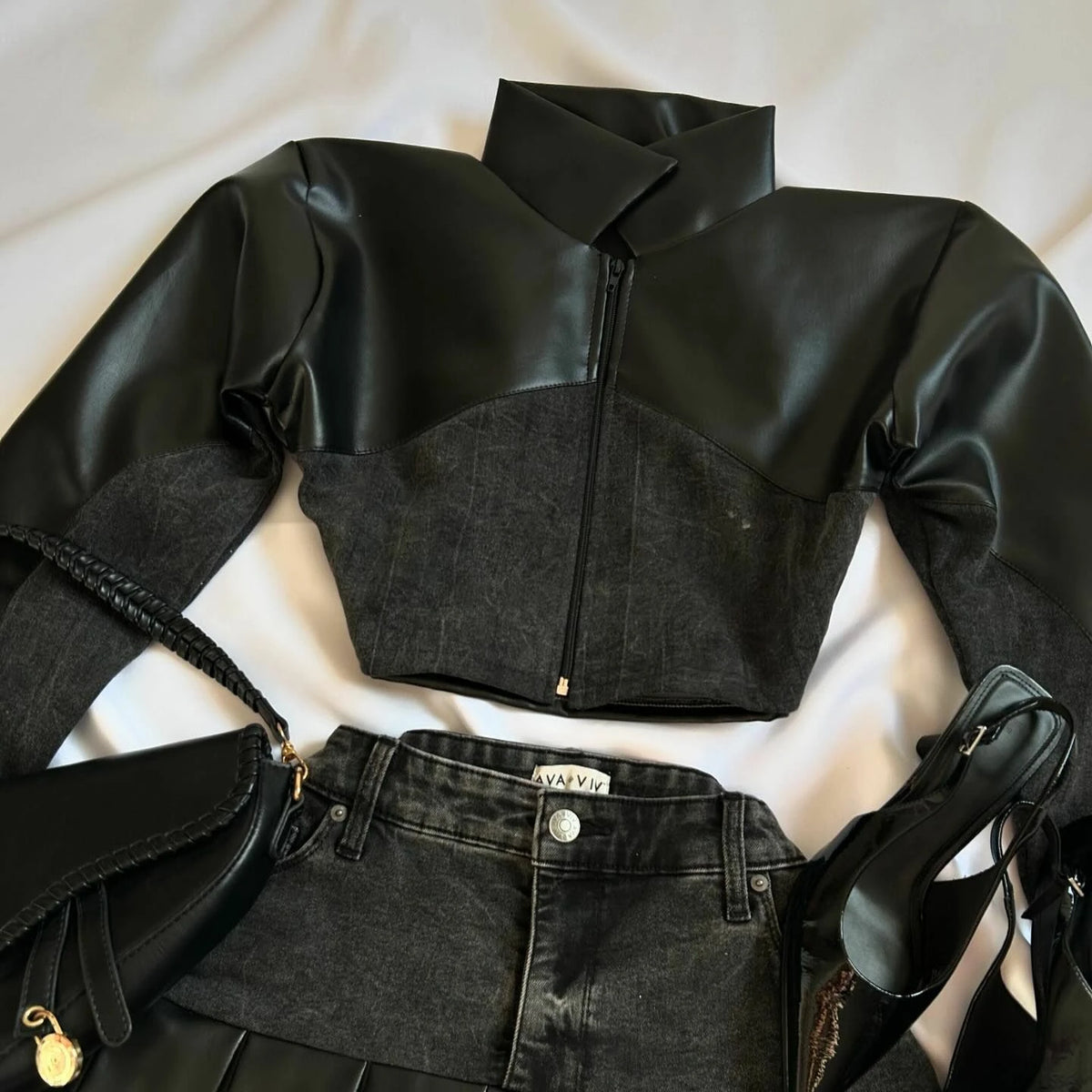 STORESDE Y2K Leather Spliced Denim Black Two Piece Set Women Harajuku Gothic Long Sleeve Zipper Jacket Mini Pleated Skirt Autumn Jacket