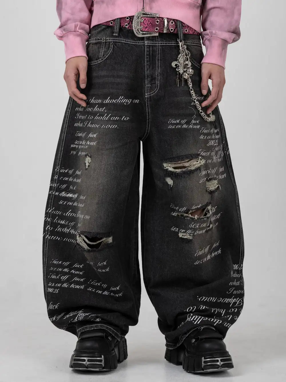 STORESDE American Fashion Printing Jeans Hip Hop Baggy Cross-legged Jeans Grey Wash Straight Mop Pants Men and Women