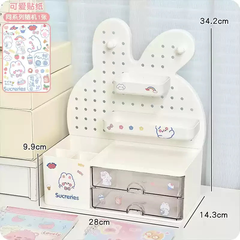 STORESDE Desktop Hole Board Storage Box Desk Organizer Girls Cute Pen Holder Storage Stationary Rack Korean Kawaii Bunny Cosmetic Shelf