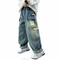 STORESDE New Design Children Relaxed Fit Straight Leg Cargo Jeans for Teenage Boys Loose Denim Pants with Pocket Kids Casual Trousers