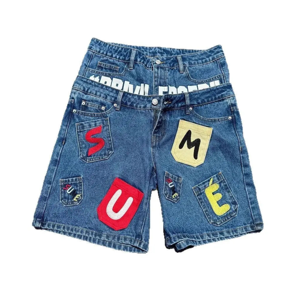 STORESDE American style hip-hop letter splicing denim shorts millennium retro personality fashion fake two-piece gothic rock