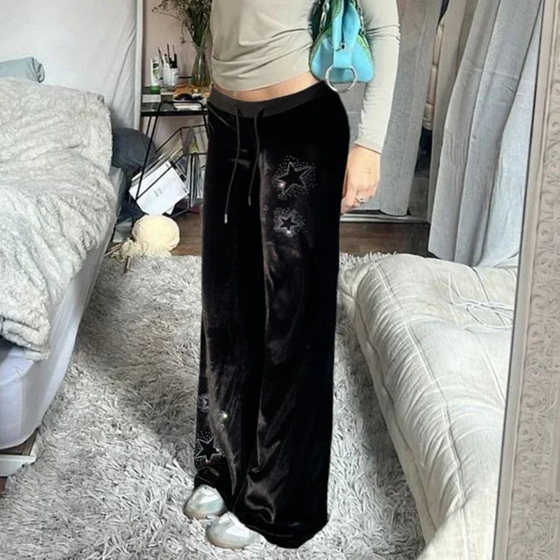 STORESDE Rhinestones Star Velvet Flared Pants Y2K Aesthetic High Waist Baggy Sweatpants Jogging Casual Basic Boot Cut Trousers