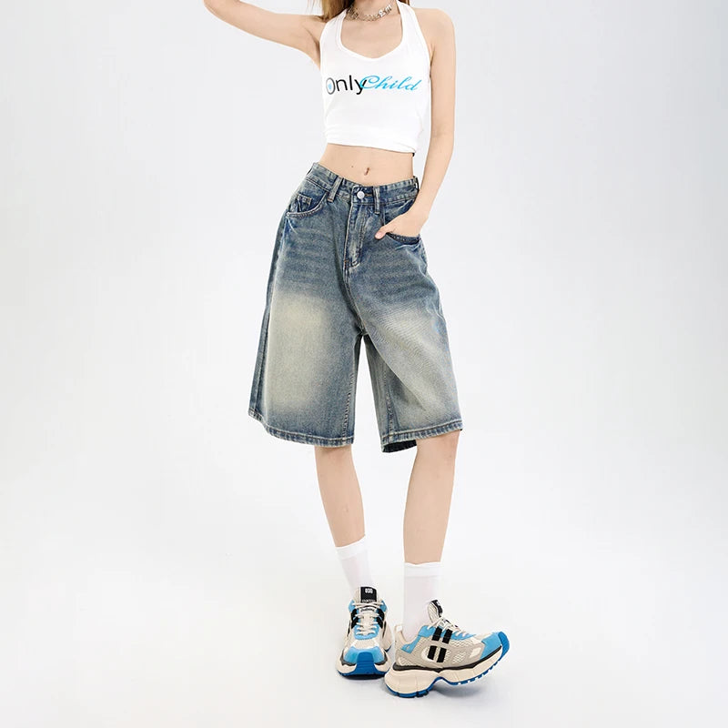 STORESDE 2026 Korean Street Casual Y2K Loose Wide-leg Denim Shorts Five-point Baggy Jeans Women's All-match Straight Summer Hot Shorts