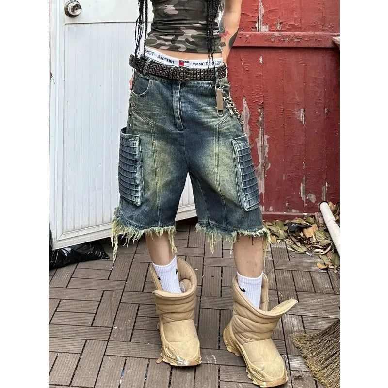 STORESDE Trendy American Retro Oversized Big Pocket Workwear Cropped Pants for Women High Street Straight Tube Loose Wide Leg Short Jeans