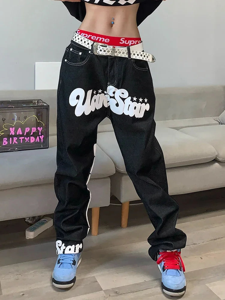 STORESDE Letter Print Baggy Jeans Women  High Street Vintage Hip Hop High Waisted Jeans Woman Casual Straight Wide Leg Women Jeans
