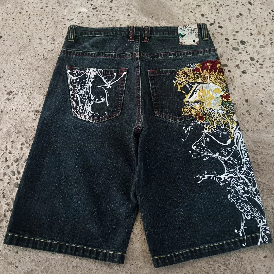 STORESDE American Washed Ecko Denim Shorts Mens Hip-hop Rock Street Fashion Pattern Straight Pants Harajuku Trend Wide Pants