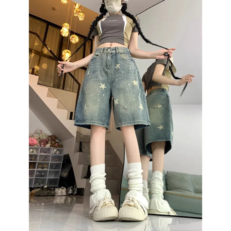 STORESDE Casual Floral Print Loose Wide Leg Womens Jeans New American Retro Star Design Straight Leg Comfort Stretch Soft Denim Shorts