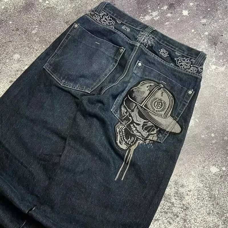 STORESDE Street Fashion Trend Skull Embroidered Jeans Women Harajuku Y2K New Hip Hop Joker Straight Wide-leg Pants Couple Casual Jeans