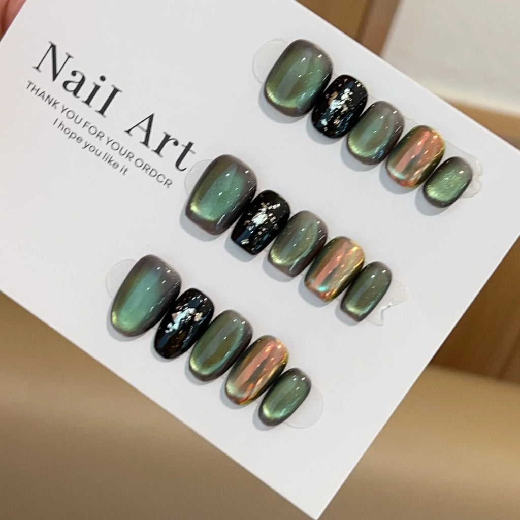 STORESDE 10pc Handmade Press on Nails Green Glass Bead Cat's Eye Aurora Pink False Nail for Women&Girl Short Removable Wearable Fake Nail