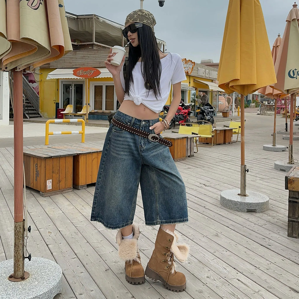 STORESDE Washed Fringed Design Wide Leg Denim Cropped Pants Versatile Casual Niche Design Straight Knee Length Pants