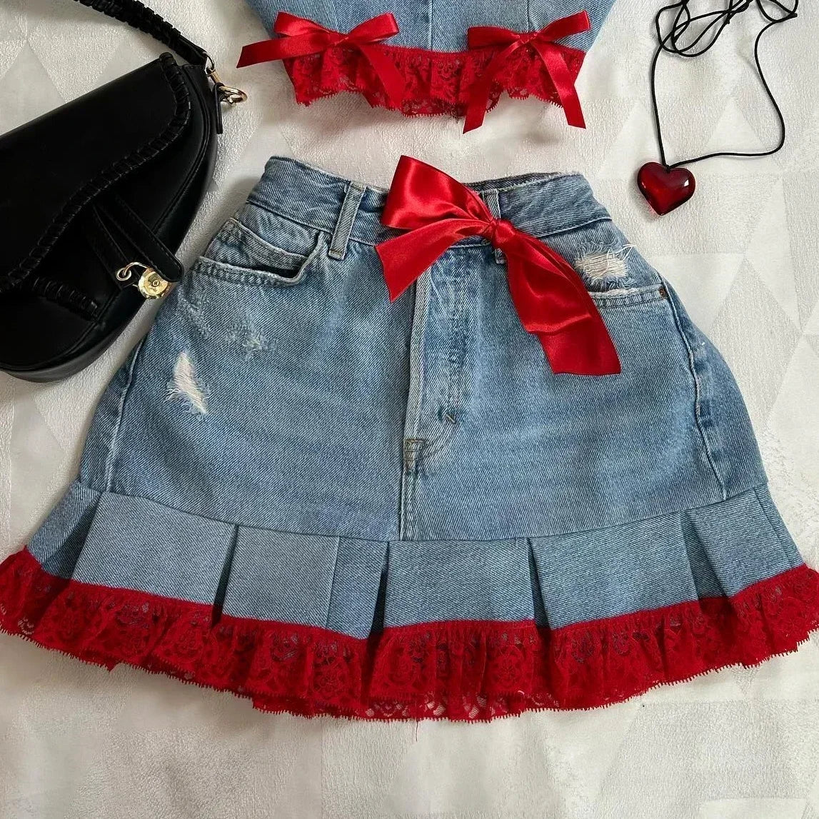 STORESDE Y2K Black Leather Spliced Denim Two Piece Set Women Harajuku Zipper Long Sleeved Jacket New Sexy Pleated Skirt Motorcycle Suit