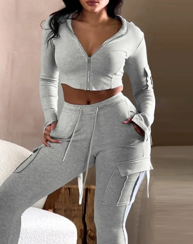 STORESDE Zipper Design with Exposed Navel Hooded Sweatshirt and Drawstring V-Shaped Waistline Work Pants, Sports Pants Long Pants Set
