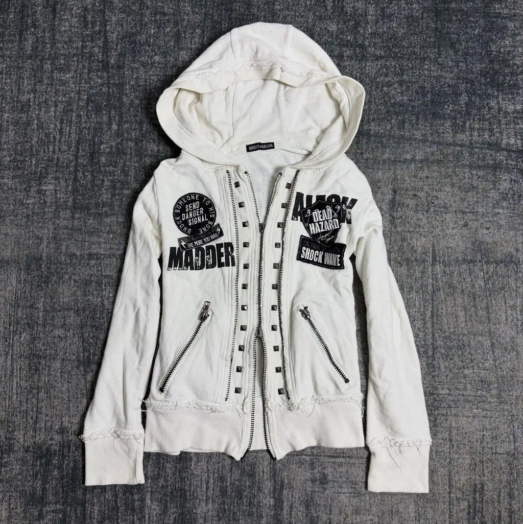 STORESDE Retro Dark Style Zipper Hoodie Y2K Clothes Mens Womens Hip Hop Skull Patch Embroidery White Oversized Sweatshirt Casual Jacket