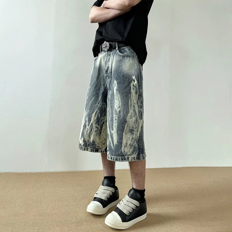 STORESDE 2026 New Flame Graphic Print Denim Shorts For Men Hip Hop Fashion Straight-leg Baggy Jorts Punk Tie Dye Gradient Y2K Short Jean