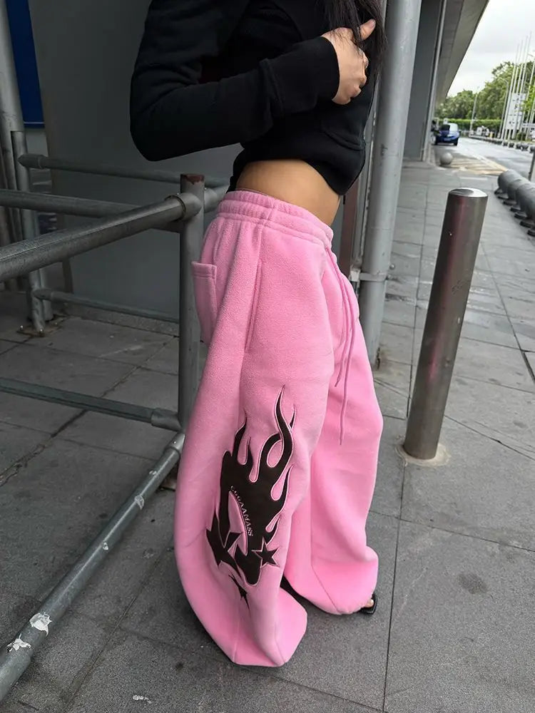 STORESDE 2025 New Autumn American Design Flame Print Drawstring Wide-leg Casual Sweatpants for Men and Women Loose Pink Fashion Trousers