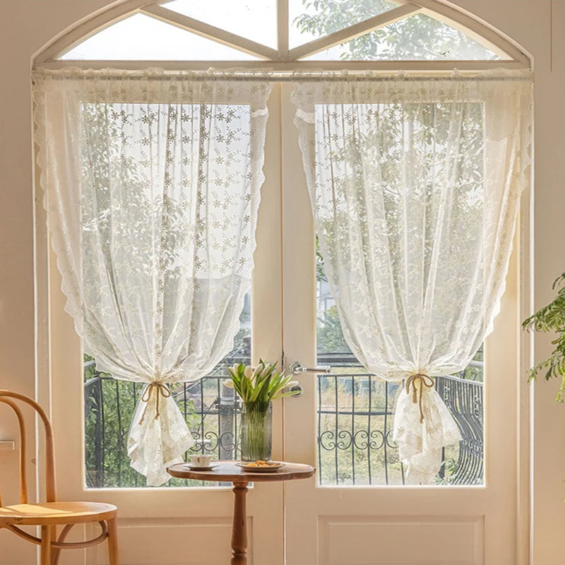 STORESDE Lace Kitchen Curtain Swaying Beige Sheer Curtains for Living Room Bedroom Window Treatment Short Vintage Floral Embroidery 1 PC