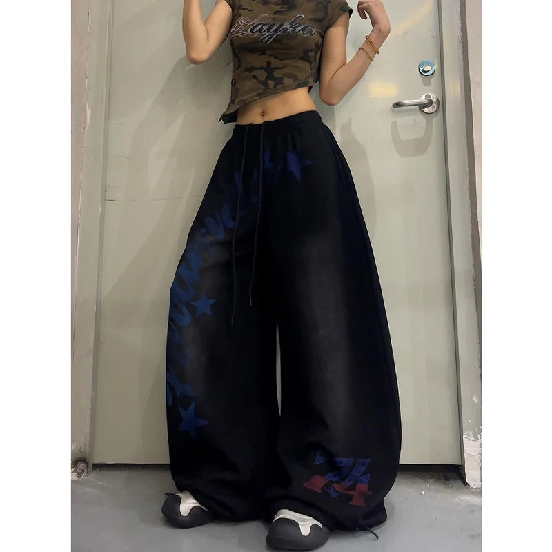 STORESDE 2026 American Style Vintage Gradient Letter Print Casual Wide Leg Pants Loose Fit Hip Hop Jazz Dance Women Fashionable Trousers