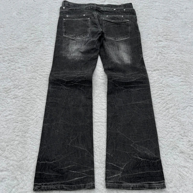 STORESDE Y2K Washed Jeans Gothic Retro Micro Flared Double Waisted Lace Up Pants Men Women Streetwear High Quality Design Sense Trousers