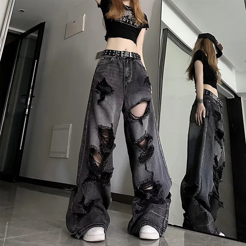 STORESDE High Street Vintage Black Ripped Jeans Fashion Wide Leg Pants Women'S High Waisted Straight Leg Pants Baggy Pants Y2k Jeans