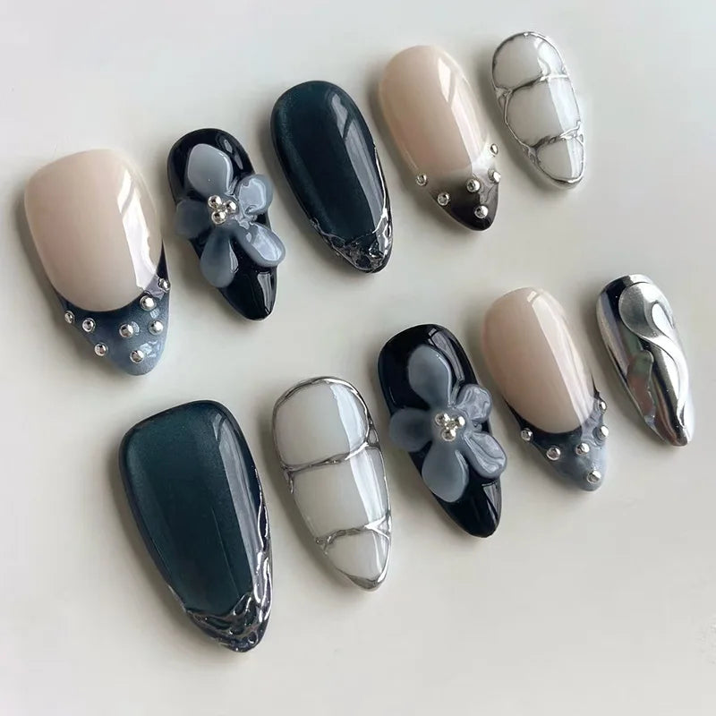 STORESDE 24Pcs Black Y2k Long False Nails with Almond Head Design Cat's Eye Silver Stripe Pattern Press on Fake Nails Wearable Nail Tips