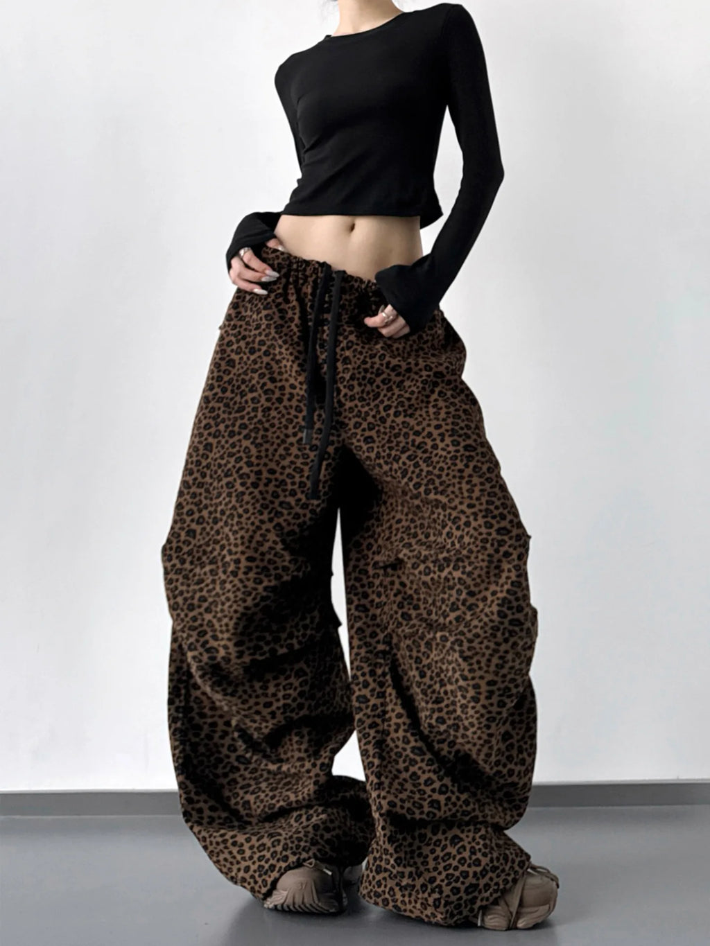 STORESDE Leopard Print Fleece Wide Leg Pants For Women Autumn Winter American Casual Fashion Retro Pleated Thicken Trousers