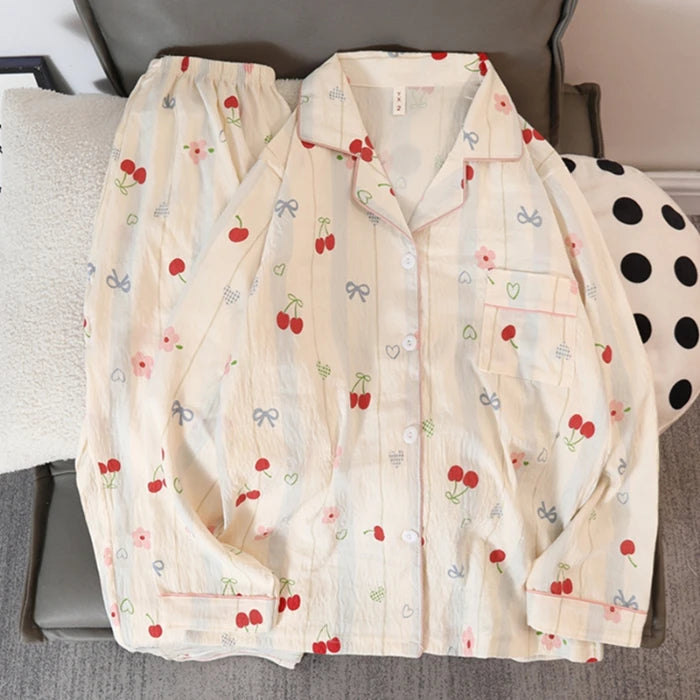 STORESDE Korean Sweet Cute Cartoon Cat Print Women's Pajamas Kawaii Casual All-match New Pajamas Set for Women Autumn V-neck Nightwear