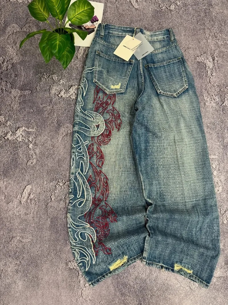 STORESDE American Y2K New Pattern Embroidery Baggy Jeans Men High Street Vintage Hip Hop Fashion Casual Joker Couple Wide-leg Pants