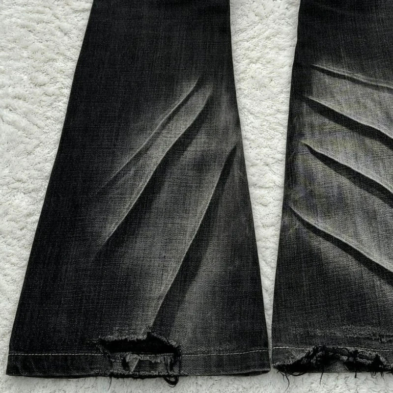STORESDE Y2k Flared Lace Up Jeans Retro Washed Paw Prints Double Waist Men's Slim Fit Jeans Gothic High Street Wear Unisex Bootcut Jeans