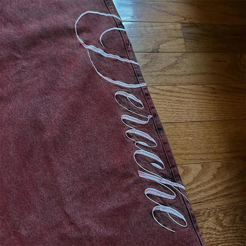 STORESDE Y2K Casual Loose Jeans Vintage Letter Print Rivet Waist Belt Design Red High Waist Wide Leg Jeans Men Women Hip Hop Streetwear