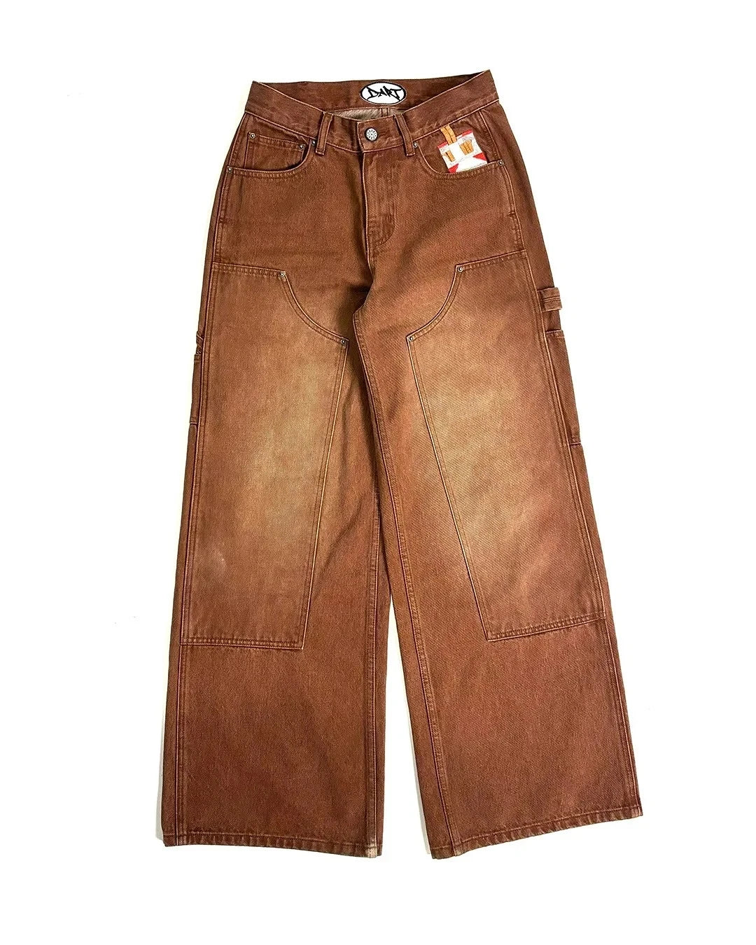 STORESDE Embroidered Smoke Pattern Denim Jeans Men Women Vintage Brown Gradient Wash Streetwear High Waisted Slim Fit Trousers